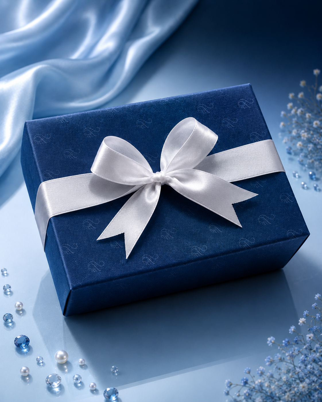 Écrin cadeau Blue Swan fermé avec ruban blanc